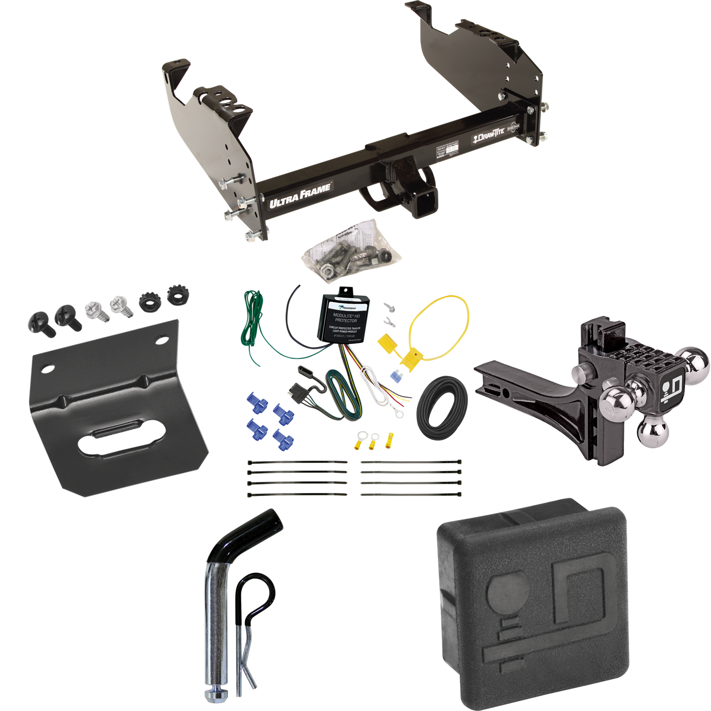 Fits 2007-2024 GMC Sierra 3500 HD Trailer Hitch Tow PKG w/ 4-Flat Wiring Harness + Adjustable Drop Rise Triple Ball Ball Mount 1-7/8" & 2" & 2-5/16" Trailer Balls + Pin/Clip + Hitch Cover + Wiring Bracket (For Cab & Chassis, w/34" Wide Frames Models)