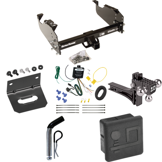 Fits 2007-2024 GMC Sierra 3500 HD Trailer Hitch Tow PKG w/ 4-Flat Wiring Harness + Adjustable Drop Rise Triple Ball Ball Mount 1-7/8" & 2" & 2-5/16" Trailer Balls + Pin/Clip + Hitch Cover + Wiring Bracket (For Cab & Chassis, w/34" Wide Frames Models)