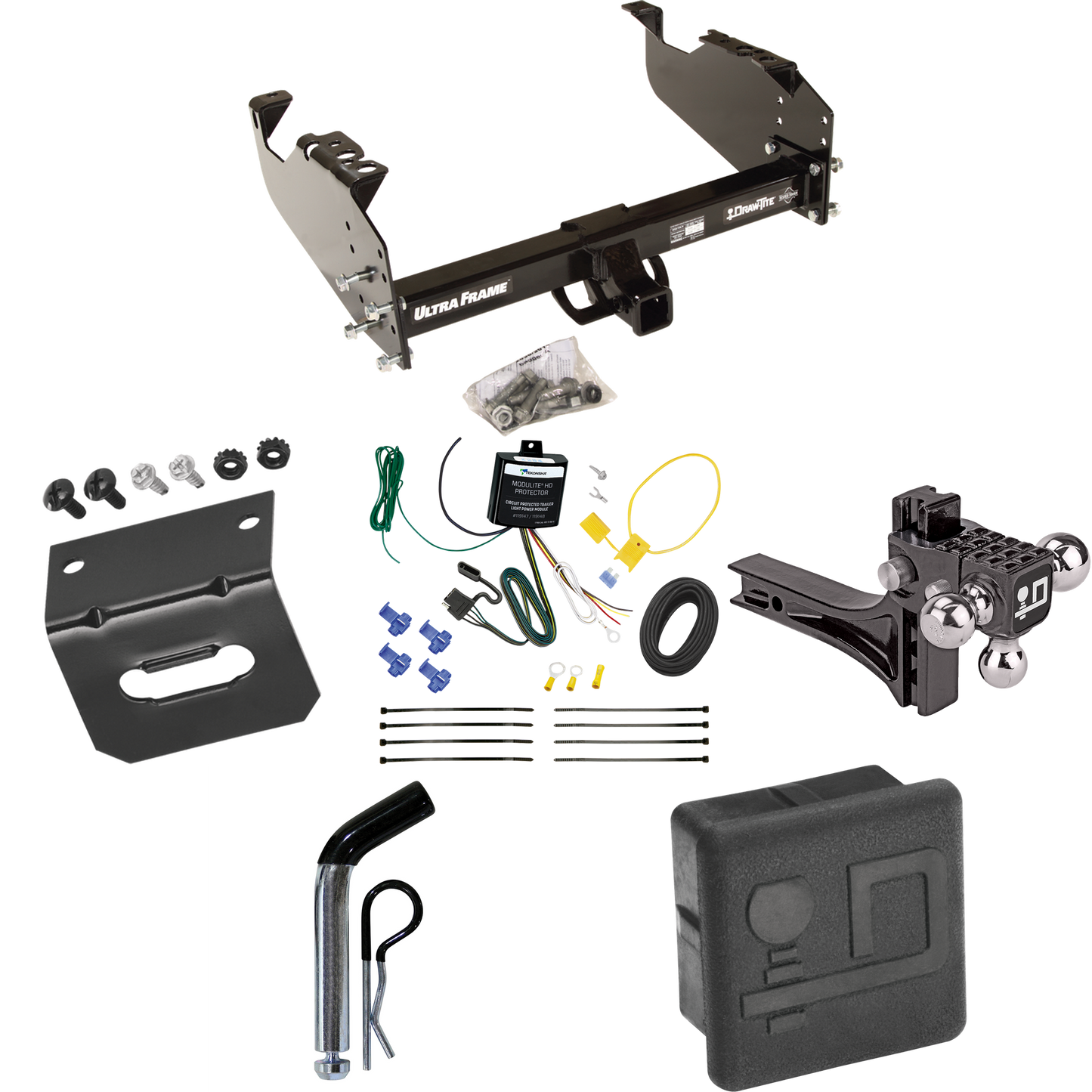 Fits 2007-2024 Chevrolet Silverado 3500 HD Trailer Hitch Tow PKG w/ 4-Flat Wiring Harness + Adjustable Drop Rise Triple Ball Ball Mount 1-7/8" & 2" & 2-5/16" Trailer Balls + Pin/Clip + Hitch Cover + Wiring Bracket (For Cab & Chassis, w/34" Wide Frame