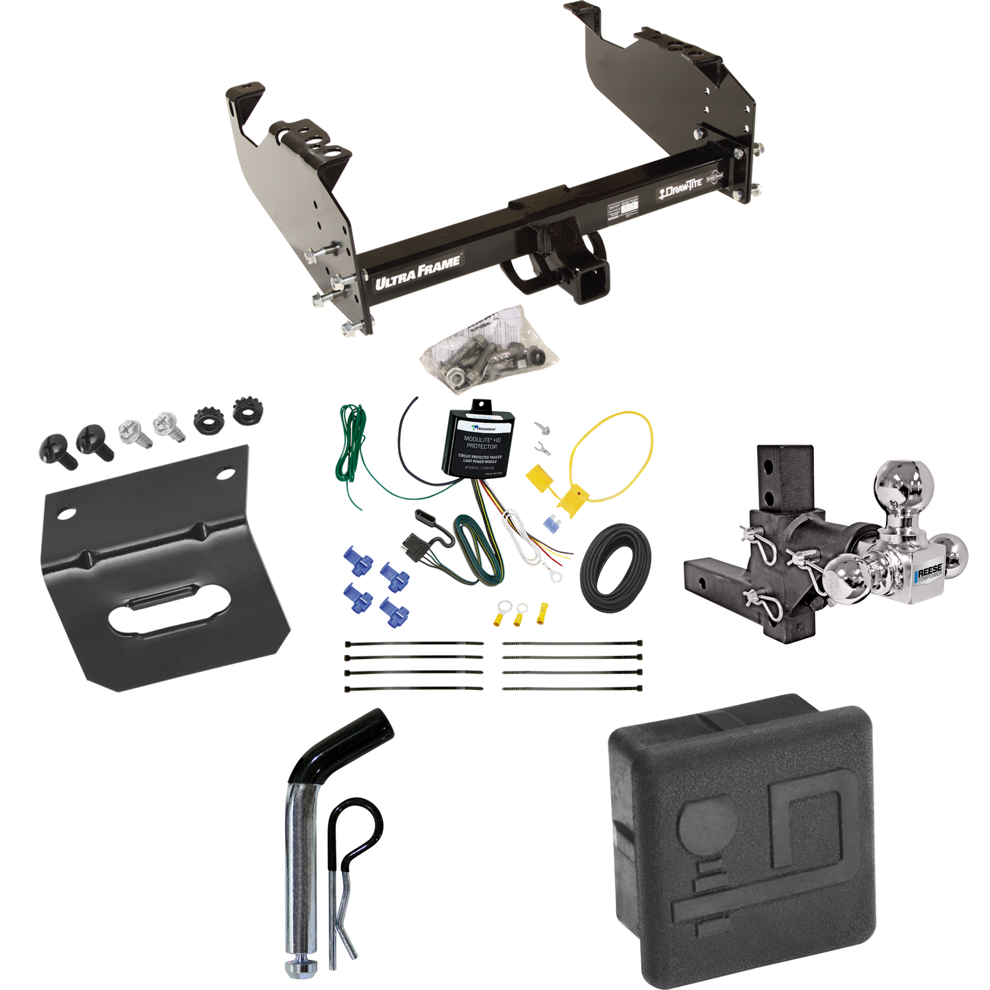 Fits 2007-2024 GMC Sierra 3500 HD Trailer Hitch Tow PKG w/ 4-Flat Wiring Harness + Adjustable Drop Rise Triple Ball Ball Mount 1-7/8" & 2" & 2-5/16" Trailer Balls + Pin/Clip + Hitch Cover + Wiring Bracket (For Cab & Chassis, w/34" Wide Frames Models)