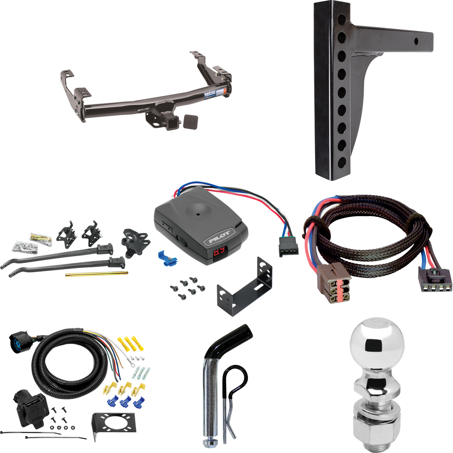 Fits 1997-1997 Ford F-250 HD Trailer Hitch Tow PKG w/ 12K Trunnion Bar Weight Distribution Hitch + Pin/Clip + 2-5/16" Ball + Pro Series Pilot Brake Control + Plug & Play BC Adapter + 7-Way RV Wiring By Reese Towpower