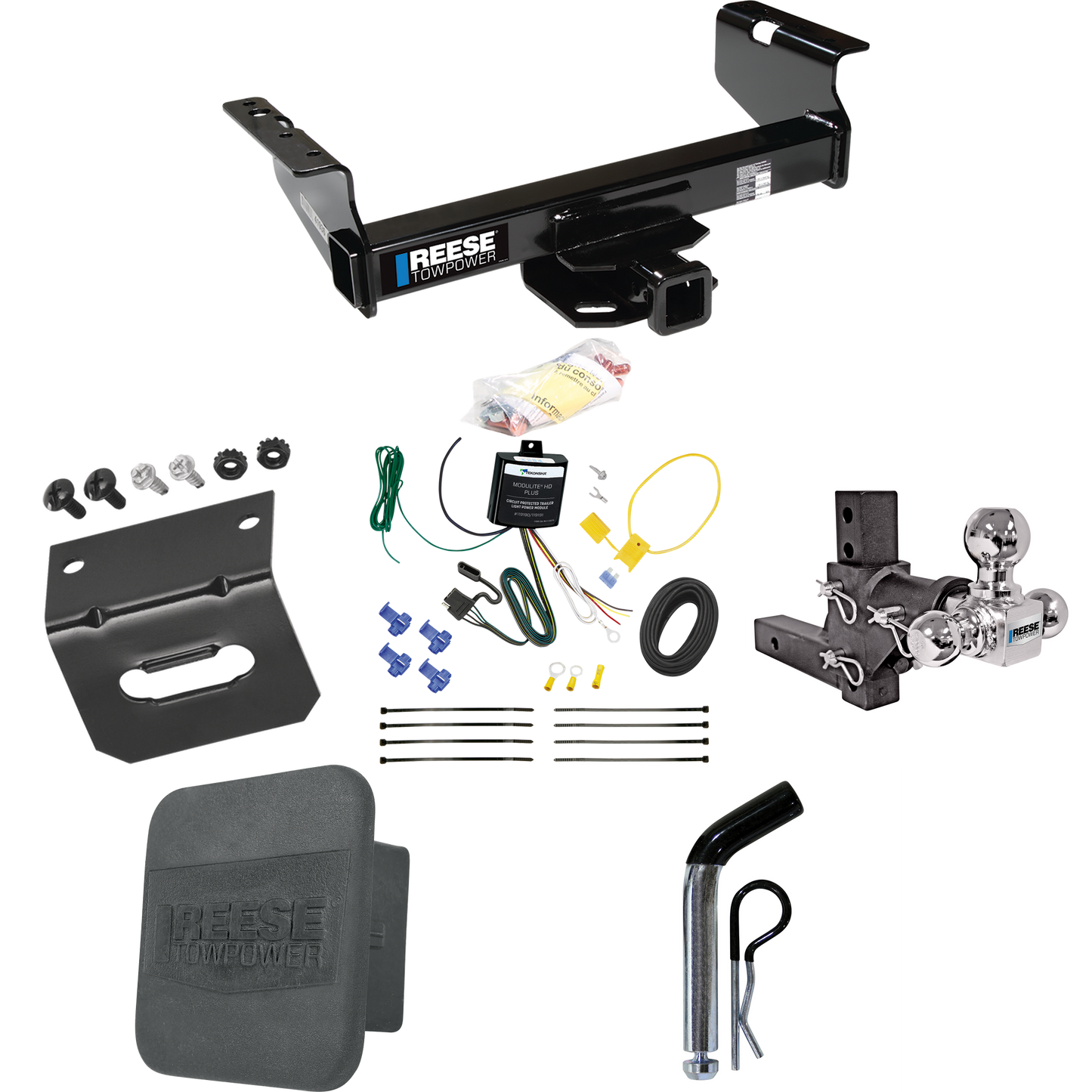 Fits 2007-2023 GMC Sierra 3500 HD Trailer Hitch Tow PKG w/ 4-Flat Wiring Harness + Adjustable Drop Rise Triple Ball Ball Mount 1-7/8" & 2" & 2-5/16" Trailer Balls + Pin/Clip + Hitch Cover + Wiring Bracket (For Cab & Chassis, w/34" Wide Frames Models)