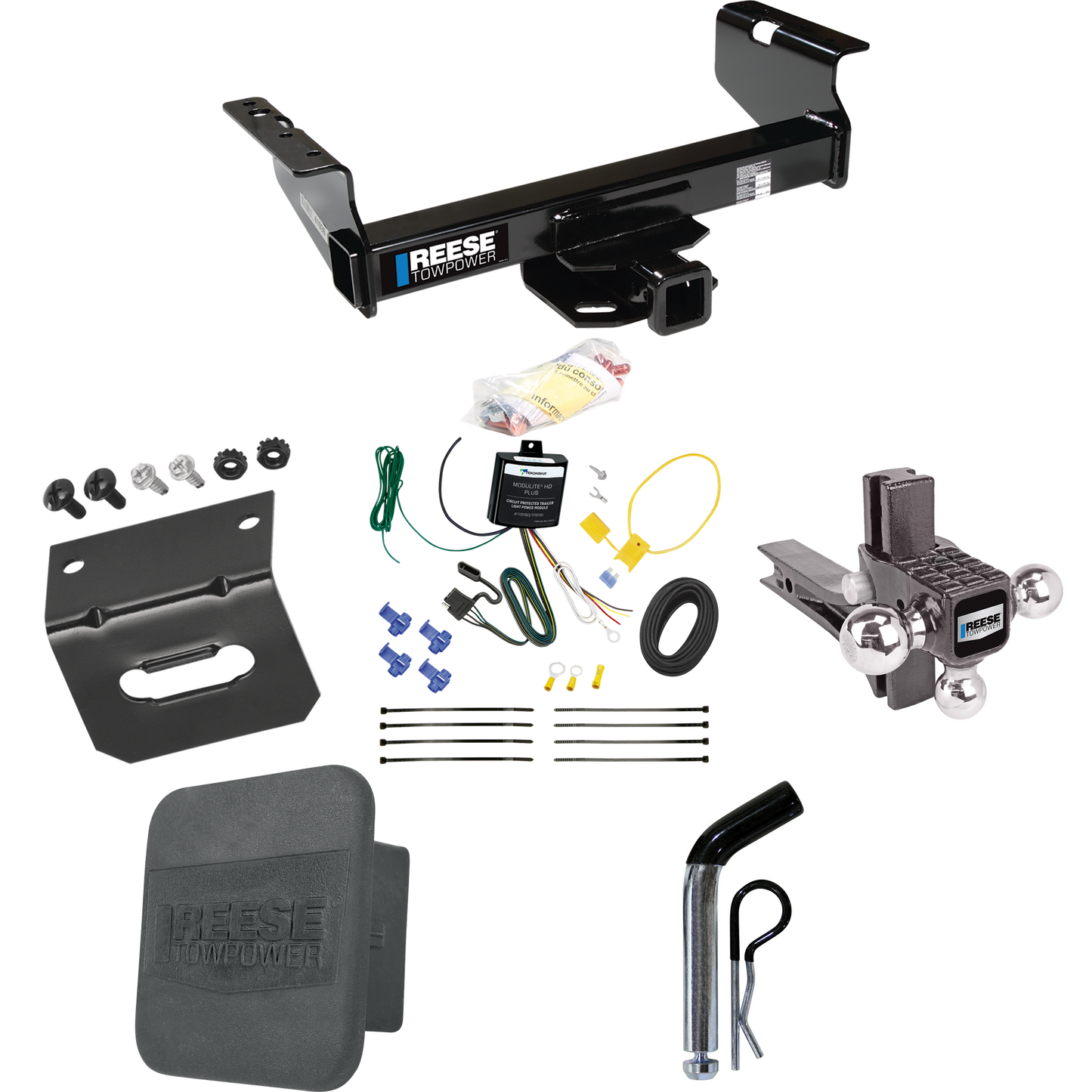 Fits 2007-2023 GMC Sierra 3500 HD Trailer Hitch Tow PKG w/ 4-Flat Wiring Harness + Adjustable Drop Rise Triple Ball Ball Mount 1-7/8" & 2" & 2-5/16" Trailer Balls + Pin/Clip + Hitch Cover + Wiring Bracket (For Cab & Chassis, w/34" Wide Frames Models)