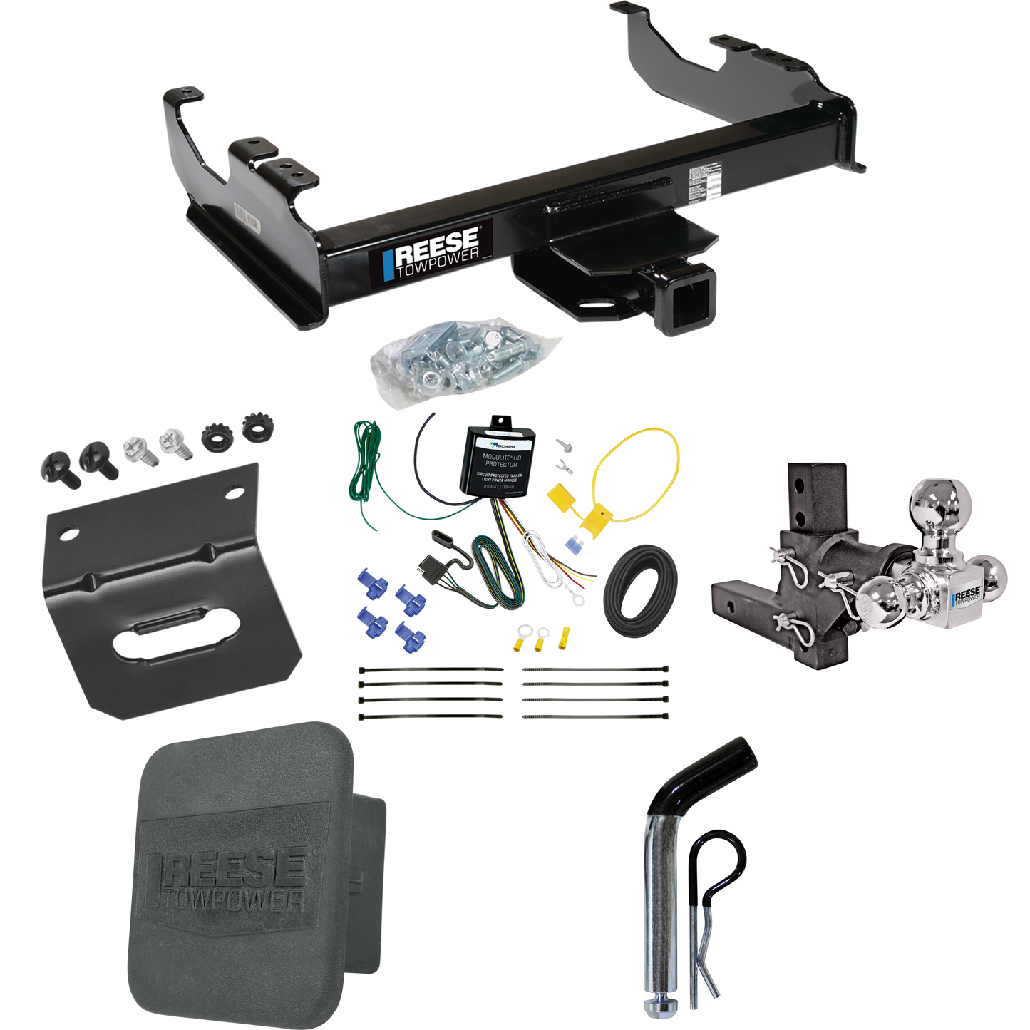 Fits 2007-2023 GMC Sierra 3500 HD Trailer Hitch Tow PKG w/ 4-Flat Wiring Harness + Adjustable Drop Rise Triple Ball Ball Mount 1-7/8" & 2" & 2-5/16" Trailer Balls + Pin/Clip + Hitch Cover + Wiring Bracket (For Cab & Chassis, w/34" Wide Frames Models)