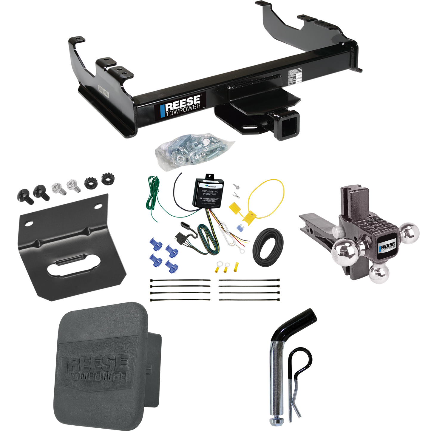 Fits 2007-2023 GMC Sierra 3500 HD Trailer Hitch Tow PKG w/ 4-Flat Wiring Harness + Adjustable Drop Rise Triple Ball Ball Mount 1-7/8" & 2" & 2-5/16" Trailer Balls + Pin/Clip + Hitch Cover + Wiring Bracket (For Cab & Chassis, w/34" Wide Frames Models)