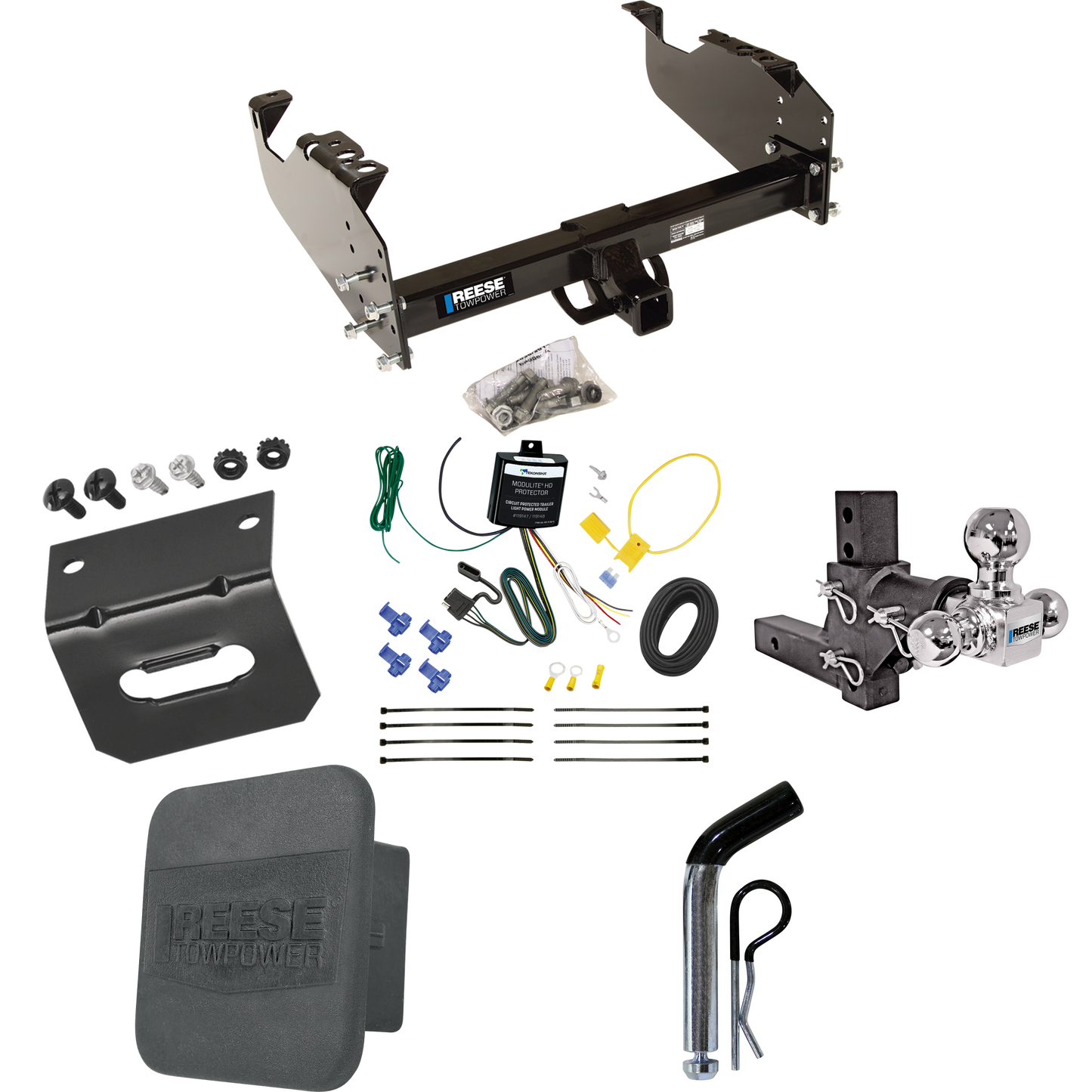 Fits 2011-2012 RAM 3500 Trailer Hitch Tow PKG w/ 4-Flat Wiring Harness + Adjustable Drop Rise Triple Ball Ball Mount 1-7/8" & 2" & 2-5/16" Trailer Balls + Pin/Clip + Hitch Cover + Wiring Bracket (For Cab & Chassis, w/34" Wide Frames Models) By Reese