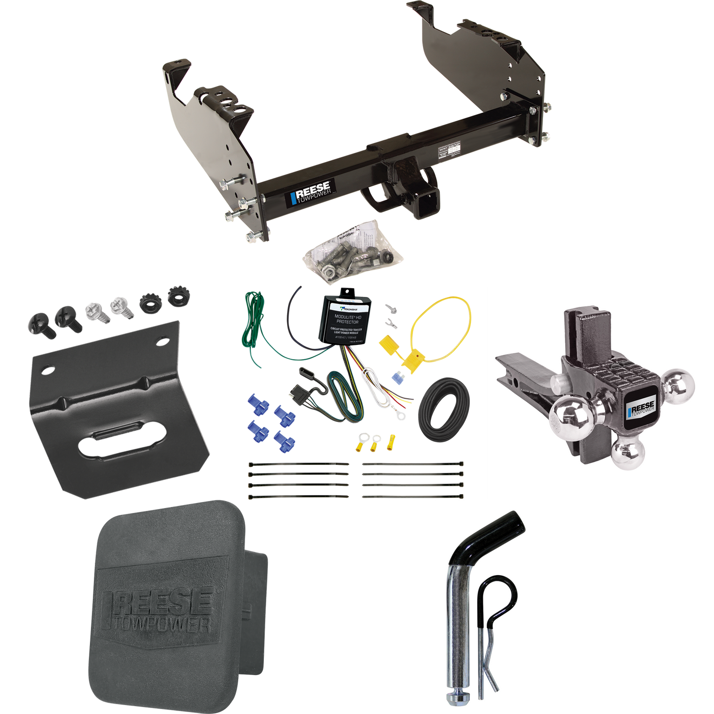 Fits 2007-2023 GMC Sierra 3500 HD Trailer Hitch Tow PKG w/ 4-Flat Wiring Harness + Adjustable Drop Rise Triple Ball Ball Mount 1-7/8" & 2" & 2-5/16" Trailer Balls + Pin/Clip + Hitch Cover + Wiring Bracket (For Cab & Chassis, w/34" Wide Frames Models)