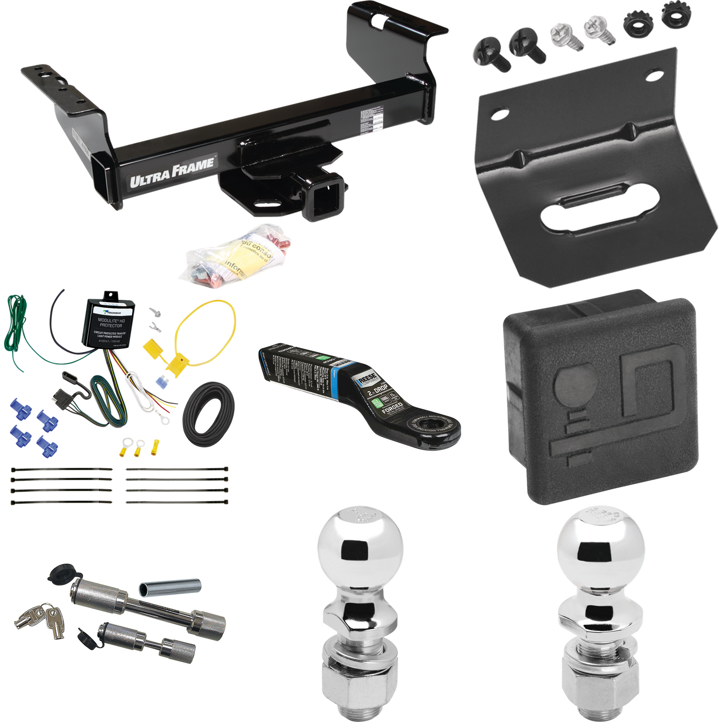 Fits 2007-2024 GMC Sierra 3500 HD Trailer Hitch Tow PKG w/ 4-Flat Wiring Harness + Ball Mount w/ 2" Drop + Dual Hitch & Coupler Locks + 2" Ball + 2-5/16" Ball + Hitch Cover + Wiring Bracket (For Cab & Chassis, w/34" Wide Frames Models) By Draw-Tite