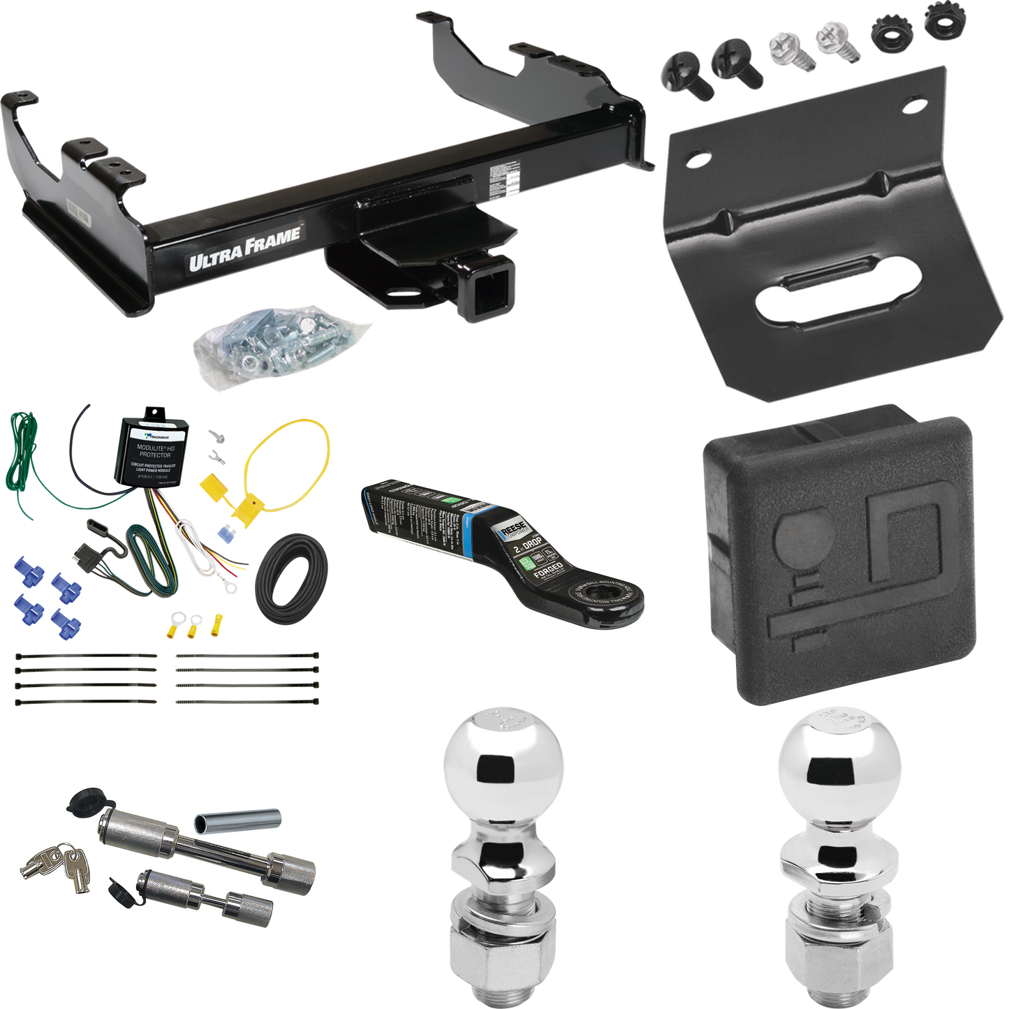 Fits 2007-2023 GMC Sierra 3500 HD Trailer Hitch Tow PKG w/ 4-Flat Wiring Harness + Ball Mount w/ 2" Drop + Dual Hitch & Coupler Locks + 2" Ball + 2-5/16" Ball + Hitch Cover + Wiring Bracket (For Cab & Chassis, w/34" Wide Frames Models) By Draw-Tite