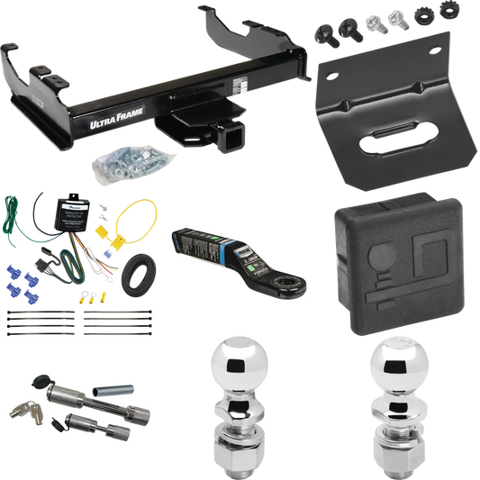 Fits 2007-2023 GMC Sierra 3500 HD Trailer Hitch Tow PKG w/ 4-Flat Wiring Harness + Ball Mount w/ 2" Drop + Dual Hitch & Coupler Locks + 2" Ball + 2-5/16" Ball + Hitch Cover + Wiring Bracket (For Cab & Chassis, w/34" Wide Frames Models) By Draw-Tite