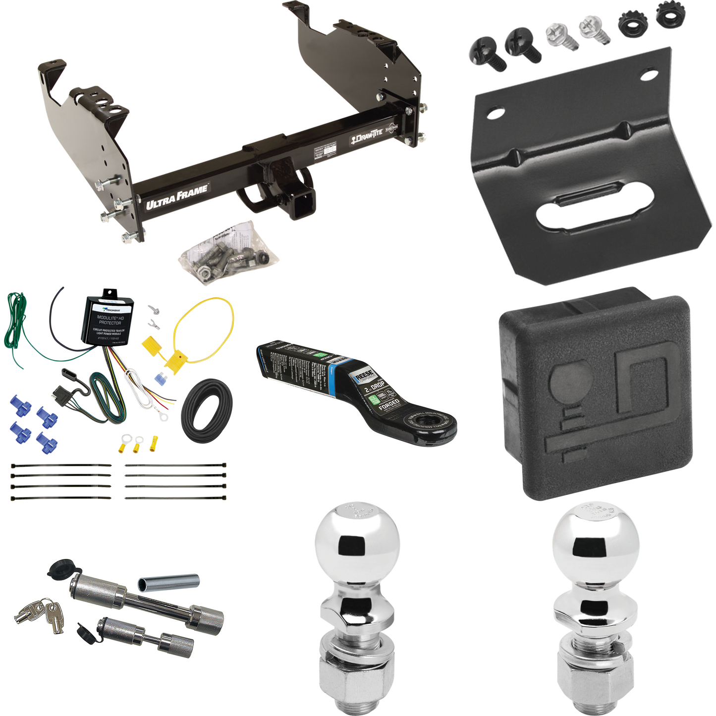 Fits 2007-2024 GMC Sierra 3500 HD Trailer Hitch Tow PKG w/ 4-Flat Wiring Harness + Ball Mount w/ 2" Drop + Dual Hitch & Coupler Locks + 2" Ball + 2-5/16" Ball + Hitch Cover + Wiring Bracket (For Cab & Chassis, w/34" Wide Frames Models) By Draw-Tite