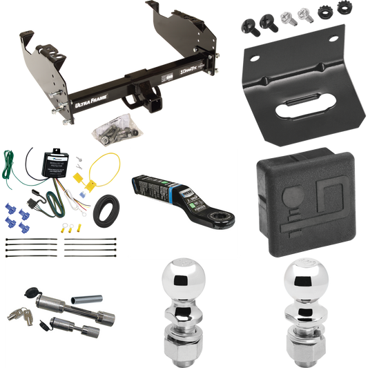 Fits 2007-2024 Chevrolet Silverado 3500 HD Trailer Hitch Tow PKG w/ 4-Flat Wiring Harness + Ball Mount w/ 2" Drop + Dual Hitch & Coupler Locks + 2" Ball + 2-5/16" Ball + Hitch Cover + Wiring Bracket (For Cab & Chassis, w/34" Wide Frames Models) By Dr
