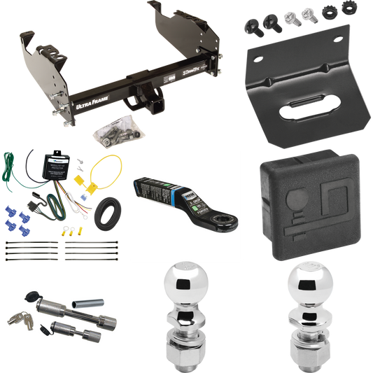 Fits 2008-2010 Dodge Ram 4500 Trailer Hitch Tow PKG w/ 4-Flat Wiring Harness + Ball Mount w/ 2" Drop + Dual Hitch & Coupler Locks + 2" Ball + 2-5/16" Ball + Hitch Cover + Wiring Bracket (For Cab & Chassis, w/34" Wide Frames Models) By Draw-Tite