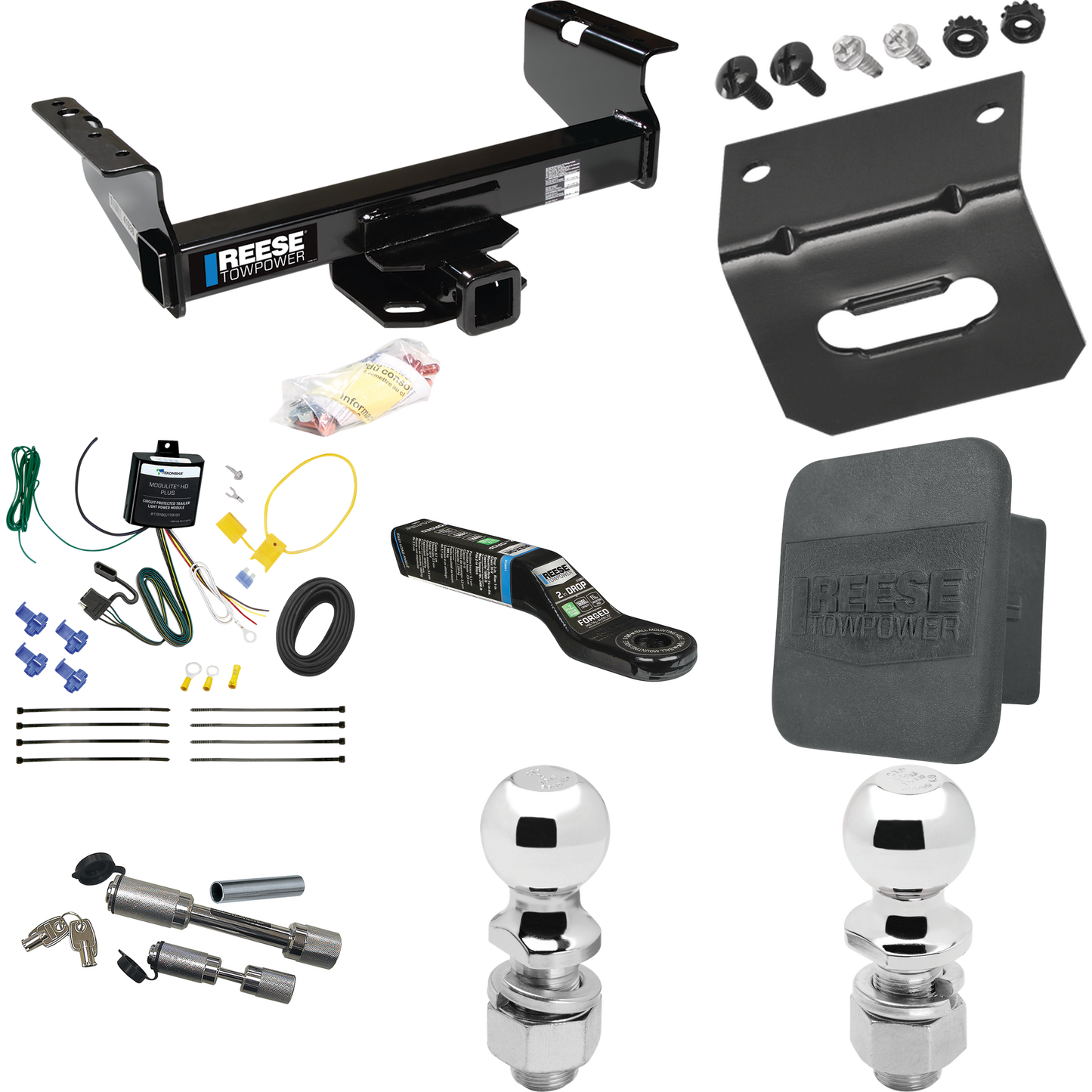 Fits 2007-2023 GMC Sierra 3500 HD Trailer Hitch Tow PKG w/ 4-Flat Wiring Harness + Ball Mount w/ 2" Drop + Dual Hitch & Coupler Locks + 2" Ball + 2-5/16" Ball + Hitch Cover + Wiring Bracket (For Cab & Chassis, w/34" Wide Frames Models) By Reese Towpo