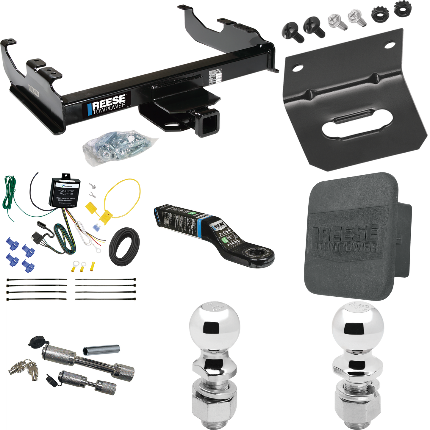 Fits 2007-2023 GMC Sierra 3500 HD Trailer Hitch Tow PKG w/ 4-Flat Wiring Harness + Ball Mount w/ 2" Drop + Dual Hitch & Coupler Locks + 2" Ball + 2-5/16" Ball + Hitch Cover + Wiring Bracket (For Cab & Chassis, w/34" Wide Frames Models) By Reese Towpo