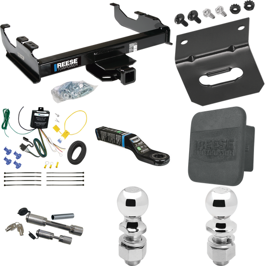 Fits 2007-2023 GMC Sierra 3500 HD Trailer Hitch Tow PKG w/ 4-Flat Wiring Harness + Ball Mount w/ 2" Drop + Dual Hitch & Coupler Locks + 2" Ball + 2-5/16" Ball + Hitch Cover + Wiring Bracket (For Cab & Chassis, w/34" Wide Frames Models) By Reese Towpo