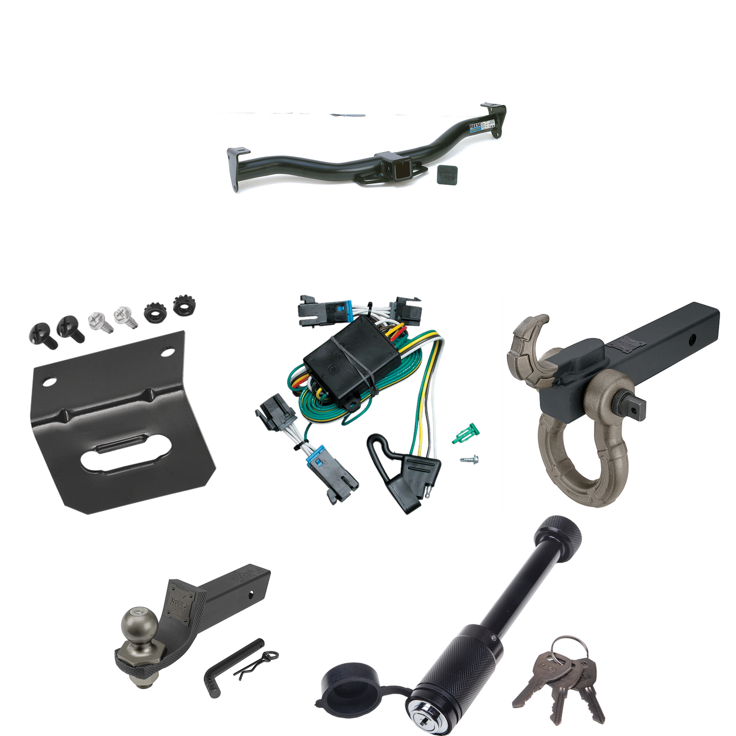 Fits 2000-2002 Chevrolet Express 2500 Trailer Hitch Tow PKG w/ 4-Flat Wiring + Interlock Tactical Starter Kit w/ 2" Drop & 2" Ball + Tactical Hook & Shackle Mount + Tactical Dogbone Lock + Wiring Bracket By Reese Towpower