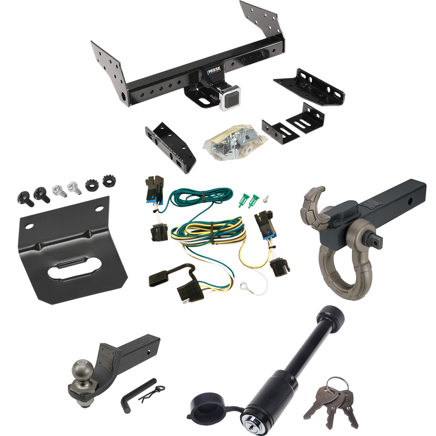 Fits 2003-2014 GMC Savana 1500 Trailer Hitch Tow PKG w/ 4-Flat Wiring + Interlock Tactical Starter Kit w/ 2" Drop & 2" Ball + Tactical Hook & Shackle Mount + Tactical Dogbone Lock + Wiring Bracket By Reese Towpower