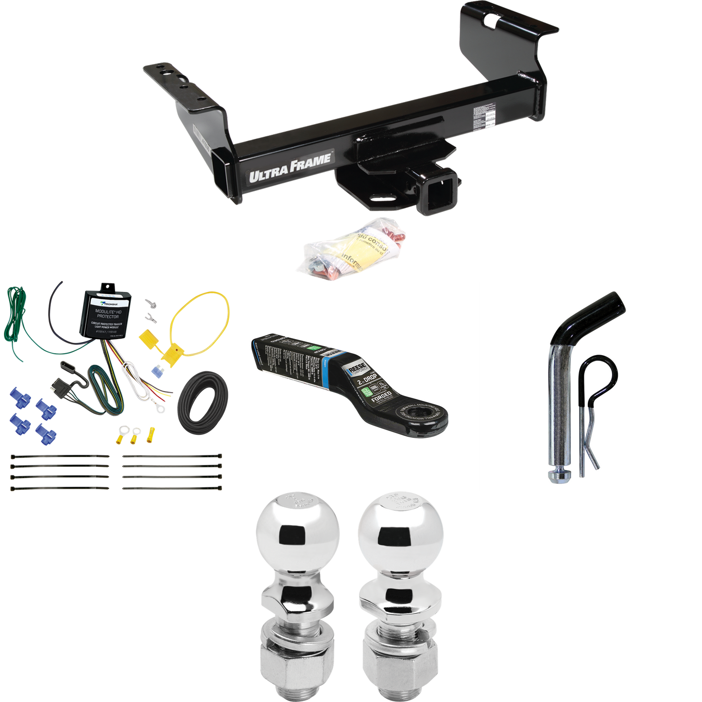 Fits 2007-2024 GMC Sierra 3500 HD Trailer Hitch Tow PKG w/ 4-Flat Wiring Harness + Ball Mount w/ 2" Drop + Pin/Clip + 2" Ball + 2-5/16" Ball (For Cab & Chassis, w/34" Wide Frames Models) By Draw-Tite