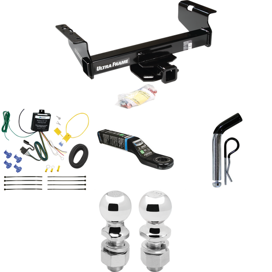 Fits 2007-2024 GMC Sierra 3500 HD Trailer Hitch Tow PKG w/ 4-Flat Wiring Harness + Ball Mount w/ 2" Drop + Pin/Clip + 2" Ball + 2-5/16" Ball (For Cab & Chassis, w/34" Wide Frames Models) By Draw-Tite