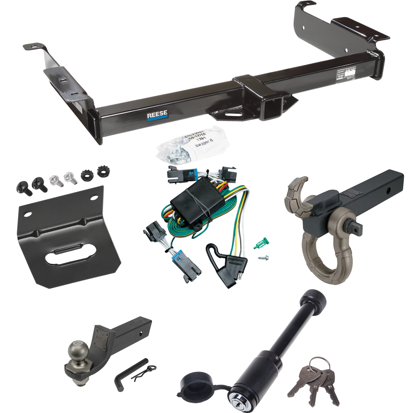 Fits 2000-2002 Chevrolet Express 2500 Trailer Hitch Tow PKG w/ 4-Flat Wiring + Interlock Tactical Starter Kit w/ 2" Drop & 2" Ball + Tactical Hook & Shackle Mount + Tactical Dogbone Lock + Wiring Bracket By Reese Towpower