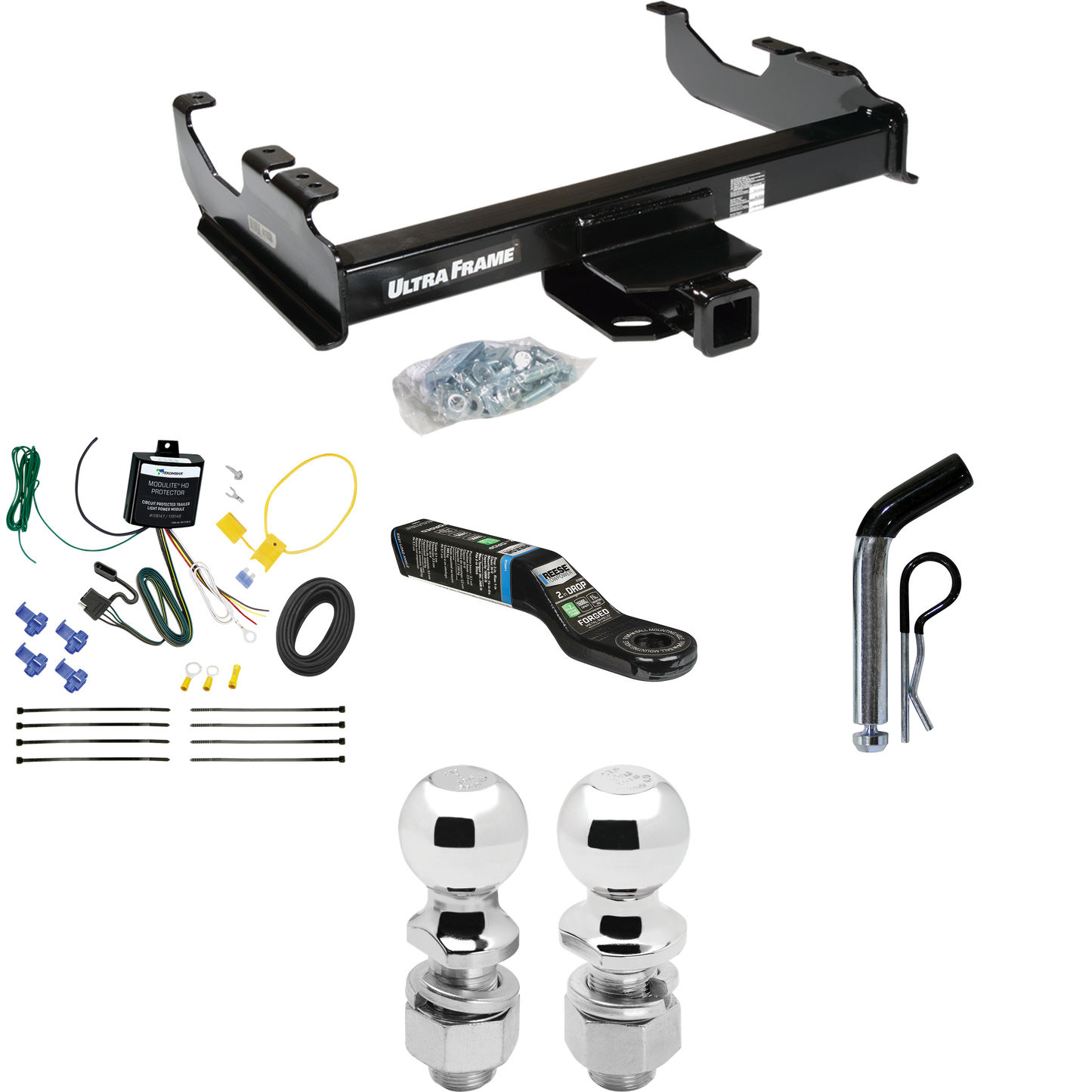 Fits 2007-2023 GMC Sierra 3500 HD Trailer Hitch Tow PKG w/ 4-Flat Wiring Harness + Ball Mount w/ 2" Drop + Pin/Clip + 2" Ball + 2-5/16" Ball (For Cab & Chassis, w/34" Wide Frames Models) By Draw-Tite