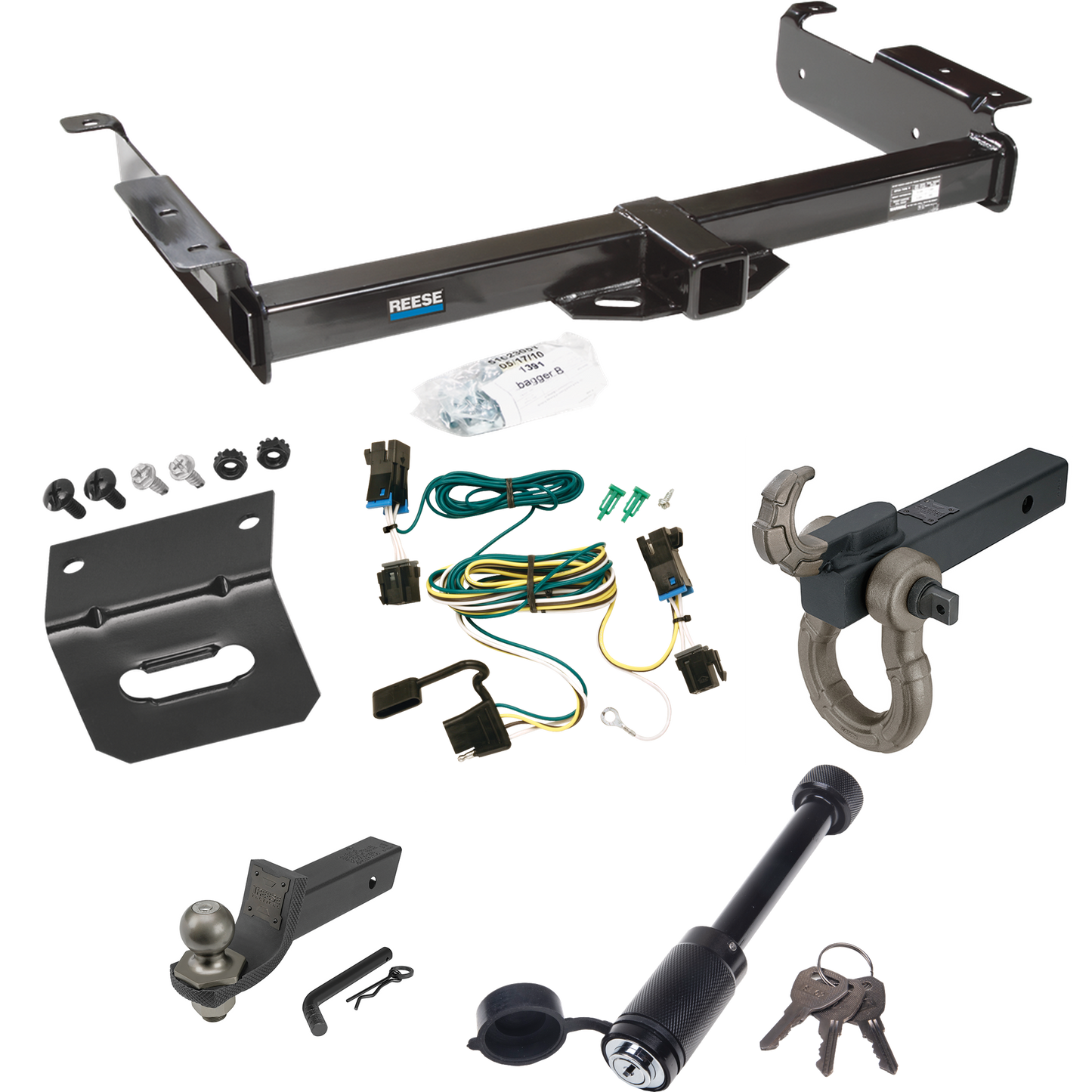 Fits 2003-2023 GMC Savana 3500 Trailer Hitch Tow PKG w/ 4-Flat Wiring + Interlock Tactical Starter Kit w/ 2" Drop & 2" Ball + Tactical Hook & Shackle Mount + Tactical Dogbone Lock + Wiring Bracket By Reese Towpower