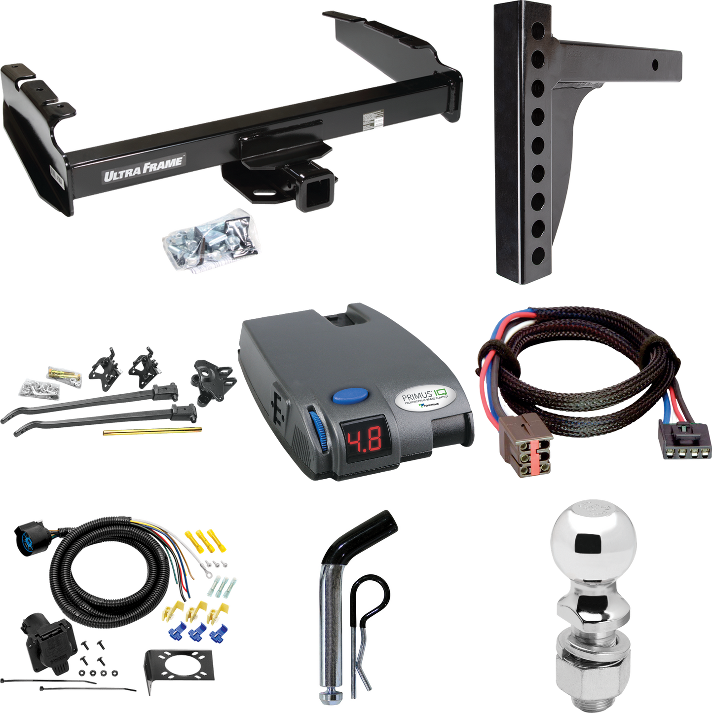 Fits 1994-1996 Ford F-150 Trailer Hitch Tow PKG w/ 12K Trunnion Bar Weight Distribution Hitch + Pin/Clip + 2-5/16" Ball + Tekonsha Primus IQ Brake Control + Plug & Play BC Adapter + 7-Way RV Wiring By Draw-Tite