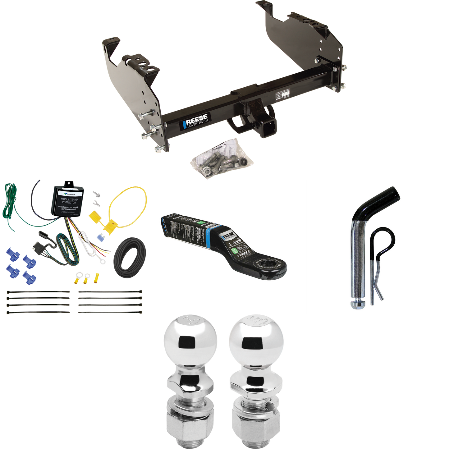 Fits 2007-2023 GMC Sierra 3500 HD Trailer Hitch Tow PKG w/ 4-Flat Wiring Harness + Ball Mount w/ 2" Drop + Pin/Clip + 2" Ball + 2-5/16" Ball (For Cab & Chassis, w/34" Wide Frames Models) By Reese Towpower