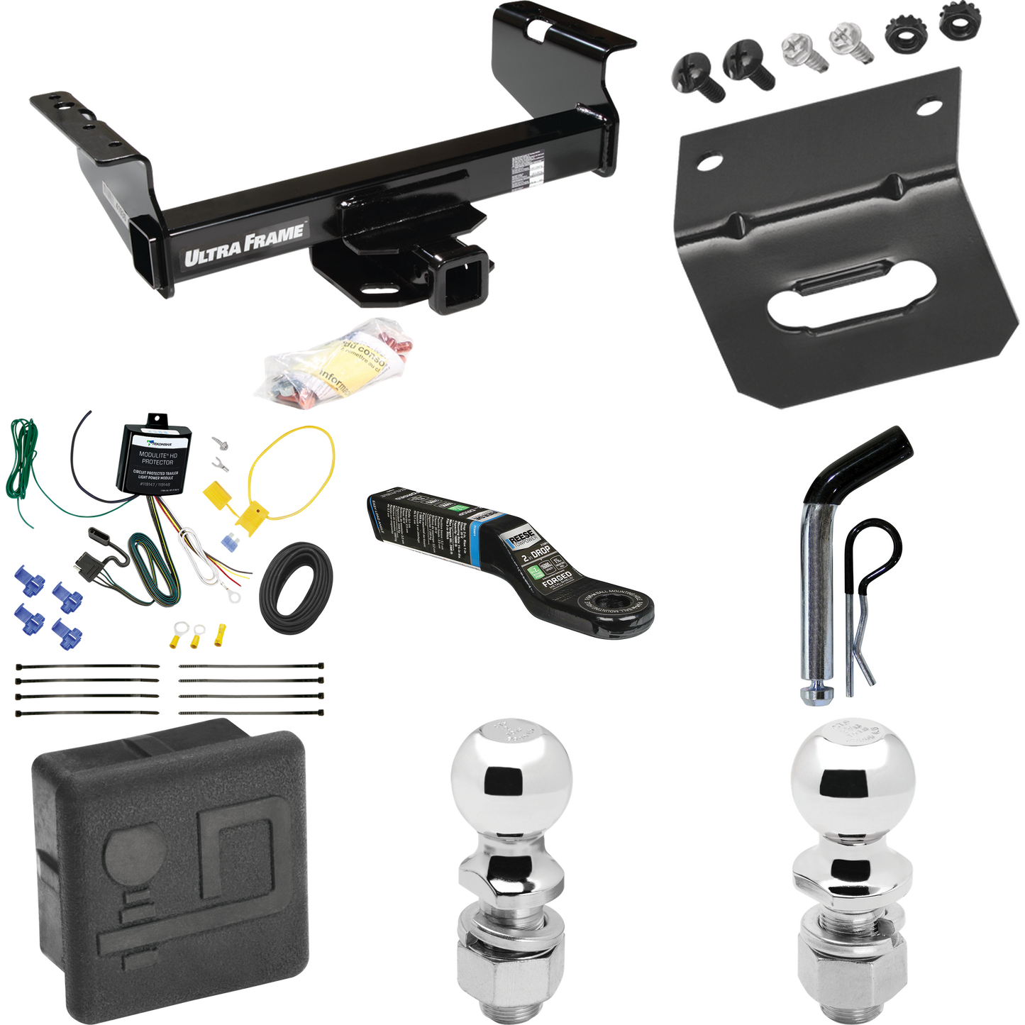 Fits 2007-2024 GMC Sierra 3500 HD Trailer Hitch Tow PKG w/ 4-Flat Wiring Harness + Ball Mount w/ 2" Drop + Pin/Clip + 2" Ball + 2-5/16" Ball + Hitch Cover + Wiring Bracket (For Cab & Chassis, w/34" Wide Frames Models) By Draw-Tite