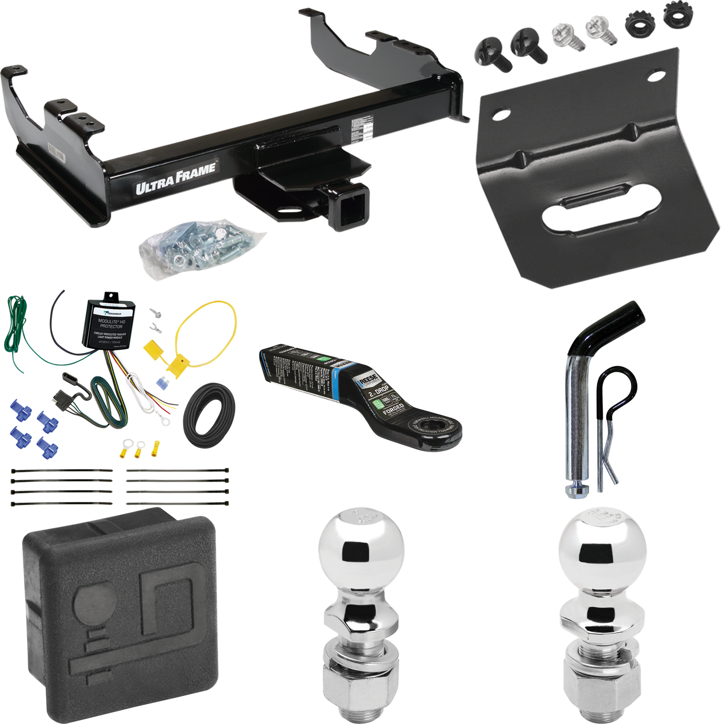 Fits 2007-2023 GMC Sierra 3500 HD Trailer Hitch Tow PKG w/ 4-Flat Wiring Harness + Ball Mount w/ 2" Drop + Pin/Clip + 2" Ball + 2-5/16" Ball + Hitch Cover + Wiring Bracket (For Cab & Chassis, w/34" Wide Frames Models) By Draw-Tite