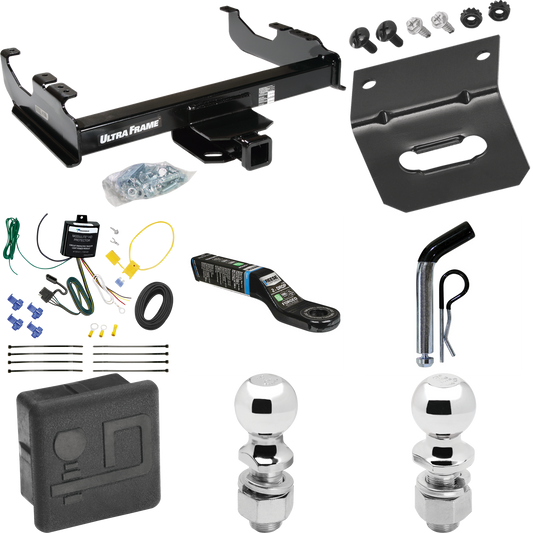 Fits 2007-2023 GMC Sierra 3500 HD Trailer Hitch Tow PKG w/ 4-Flat Wiring Harness + Ball Mount w/ 2" Drop + Pin/Clip + 2" Ball + 2-5/16" Ball + Hitch Cover + Wiring Bracket (For Cab & Chassis, w/34" Wide Frames Models) By Draw-Tite