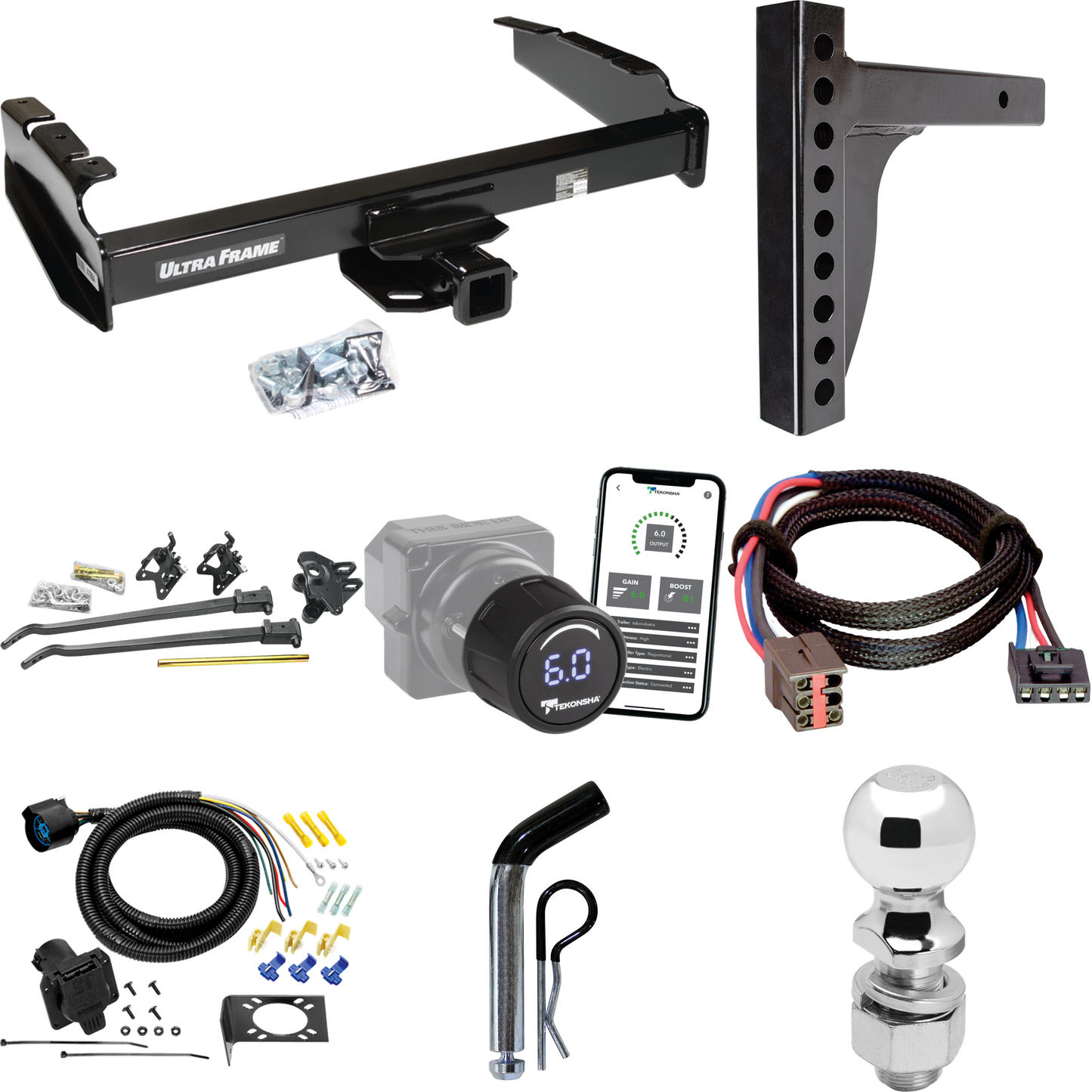 Fits 1997-1997 Ford F-250 HD Trailer Hitch Tow PKG w/ 12K Trunnion Bar Weight Distribution Hitch + Pin/Clip + 2-5/16" Ball + Tekonsha Prodigy iD Bluetooth Wireless Brake Control + Plug & Play BC Adapter + 7-Way RV Wiring By Draw-Tite