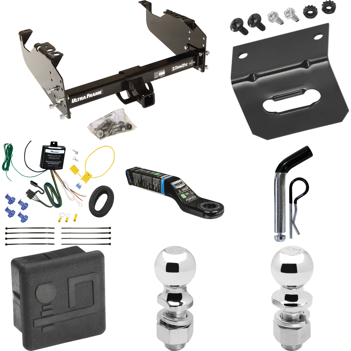 Fits 2007-2024 GMC Sierra 3500 HD Trailer Hitch Tow PKG w/ 4-Flat Wiring Harness + Ball Mount w/ 2" Drop + Pin/Clip + 2" Ball + 2-5/16" Ball + Hitch Cover + Wiring Bracket (For Cab & Chassis, w/34" Wide Frames Models) By Draw-Tite