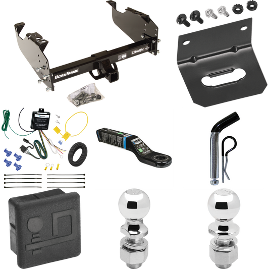 Fits 2007-2024 GMC Sierra 3500 HD Trailer Hitch Tow PKG w/ 4-Flat Wiring Harness + Ball Mount w/ 2" Drop + Pin/Clip + 2" Ball + 2-5/16" Ball + Hitch Cover + Wiring Bracket (For Cab & Chassis, w/34" Wide Frames Models) By Draw-Tite