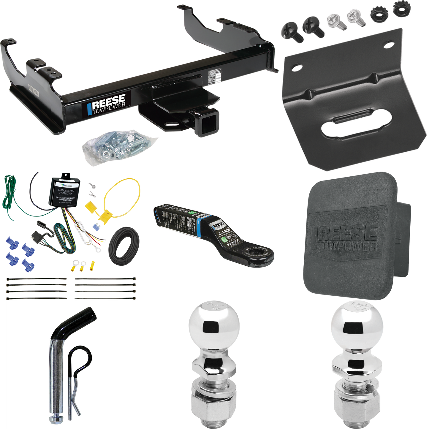 Fits 2007-2023 GMC Sierra 3500 HD Trailer Hitch Tow PKG w/ 4-Flat Wiring Harness + Ball Mount w/ 2" Drop + Pin/Clip + 2" Ball + 2-5/16" Ball + Hitch Cover + Wiring Bracket (For Cab & Chassis, w/34" Wide Frames Models) By Reese Towpower