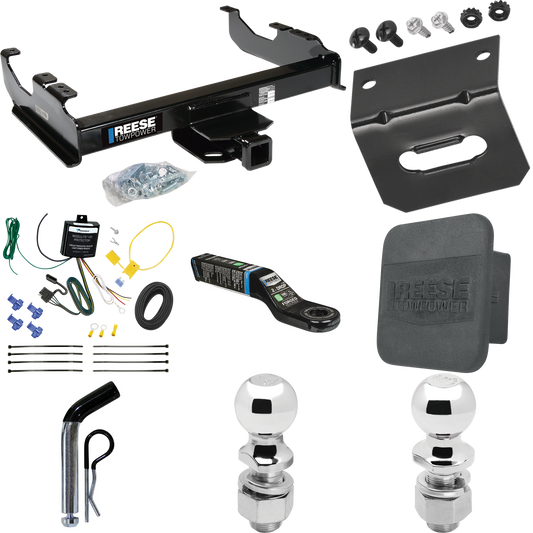 Fits 2007-2023 GMC Sierra 3500 HD Trailer Hitch Tow PKG w/ 4-Flat Wiring Harness + Ball Mount w/ 2" Drop + Pin/Clip + 2" Ball + 2-5/16" Ball + Hitch Cover + Wiring Bracket (For Cab & Chassis, w/34" Wide Frames Models) By Reese Towpower