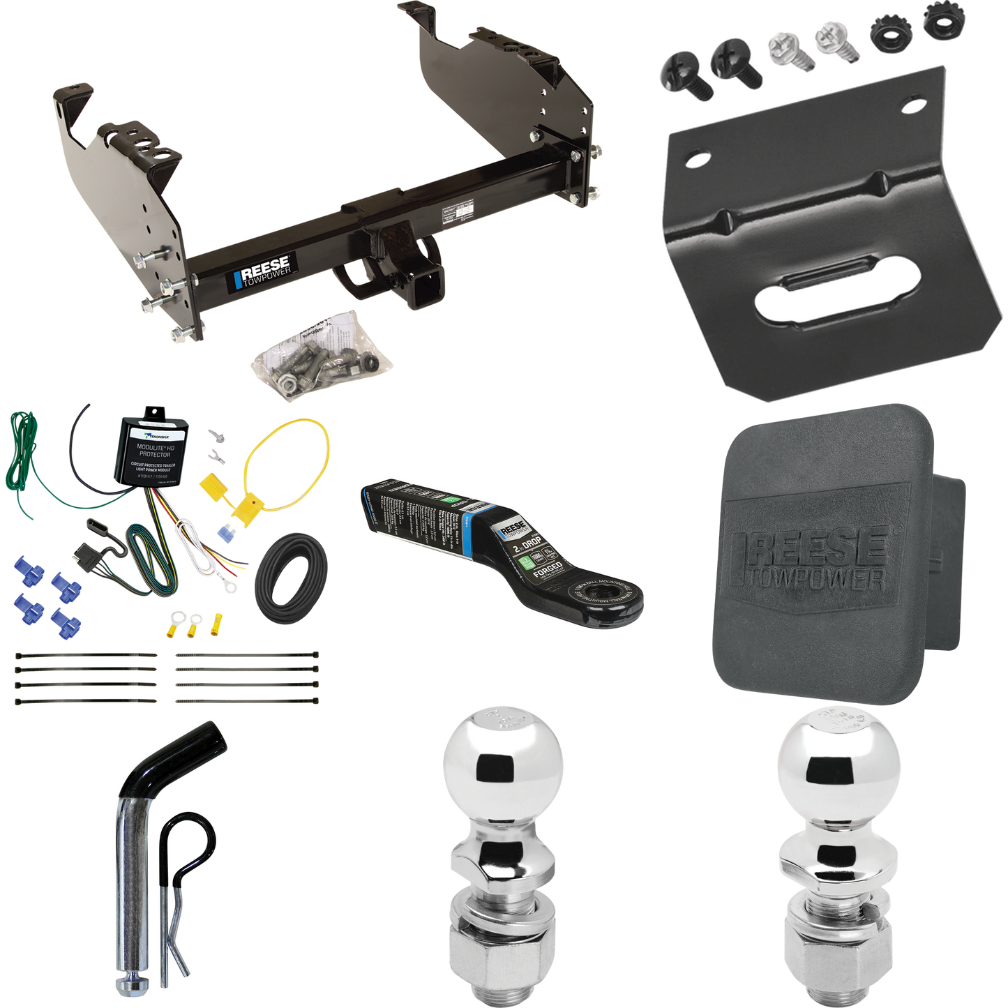 Fits 2007-2023 GMC Sierra 3500 HD Trailer Hitch Tow PKG w/ 4-Flat Wiring Harness + Ball Mount w/ 2" Drop + Pin/Clip + 2" Ball + 2-5/16" Ball + Hitch Cover + Wiring Bracket (For Cab & Chassis, w/34" Wide Frames Models) By Reese Towpower