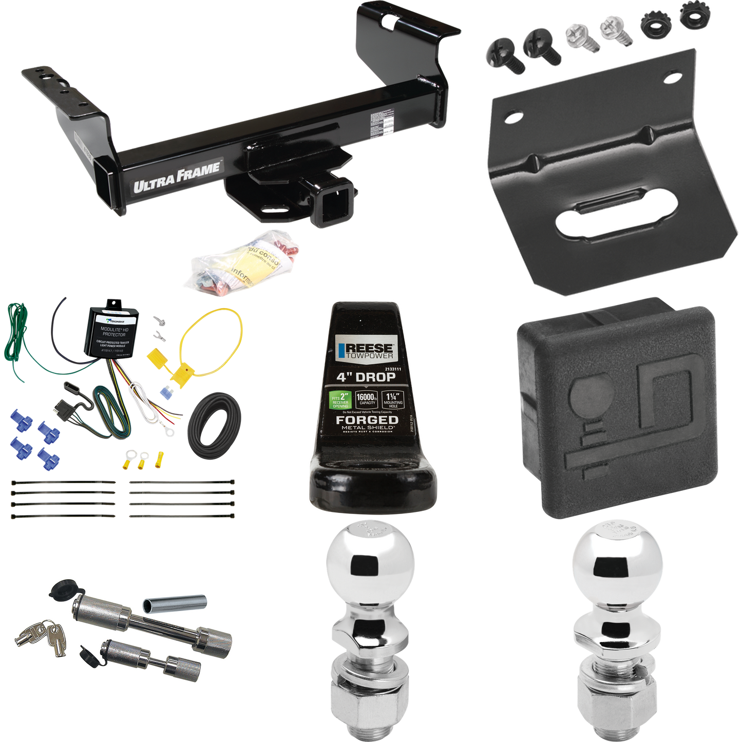 Fits 2007-2024 GMC Sierra 3500 HD Trailer Hitch Tow PKG w/ 4-Flat Wiring Harness + Ball Mount w/ 4" Drop + Dual Hitch & Coupler Locks + 2" Ball + 2-5/16" Ball + Hitch Cover + Wiring Bracket (For Cab & Chassis, w/34" Wide Frames Models) By Draw-Tite