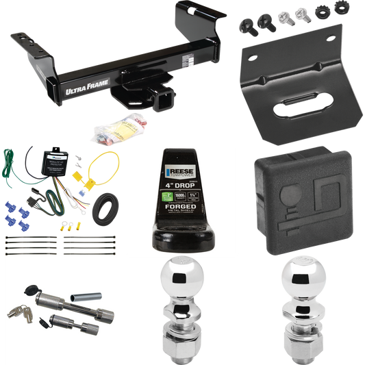 Fits 2007-2024 GMC Sierra 3500 HD Trailer Hitch Tow PKG w/ 4-Flat Wiring Harness + Ball Mount w/ 4" Drop + Dual Hitch & Coupler Locks + 2" Ball + 2-5/16" Ball + Hitch Cover + Wiring Bracket (For Cab & Chassis, w/34" Wide Frames Models) By Draw-Tite