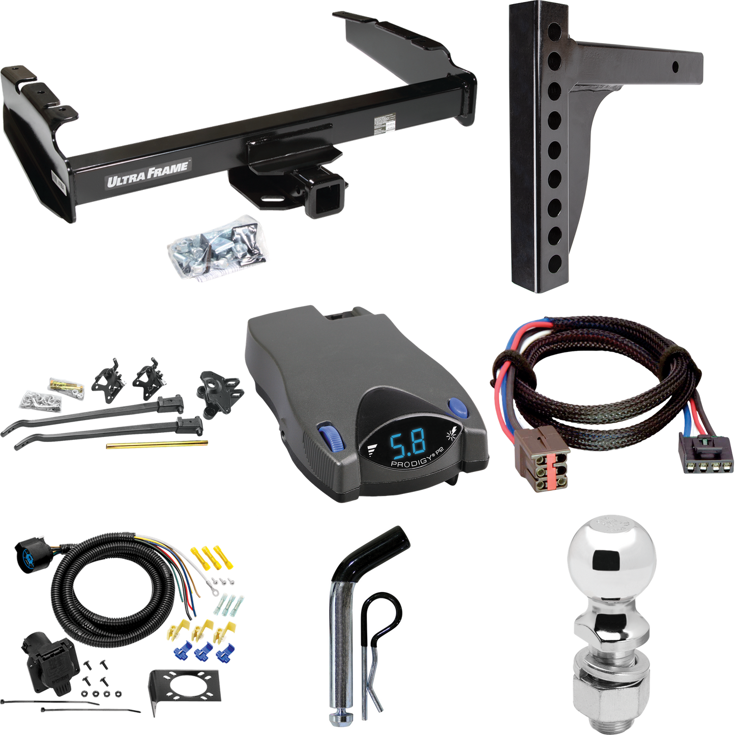 Fits 1997-1997 Ford F-350 Trailer Hitch Tow PKG w/ 12K Trunnion Bar Weight Distribution Hitch + Pin/Clip + 2-5/16" Ball + Tekonsha Prodigy P2 Brake Control + Plug & Play BC Adapter + 7-Way RV Wiring (For Heavy Duty Models) By Draw-Tite