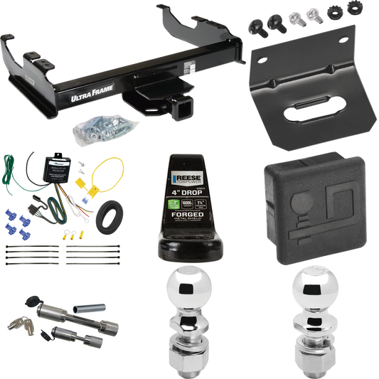 Fits 2007-2023 GMC Sierra 3500 HD Trailer Hitch Tow PKG w/ 4-Flat Wiring Harness + Ball Mount w/ 4" Drop + Dual Hitch & Coupler Locks + 2" Ball + 2-5/16" Ball + Hitch Cover + Wiring Bracket (For Cab & Chassis, w/34" Wide Frames Models) By Draw-Tite