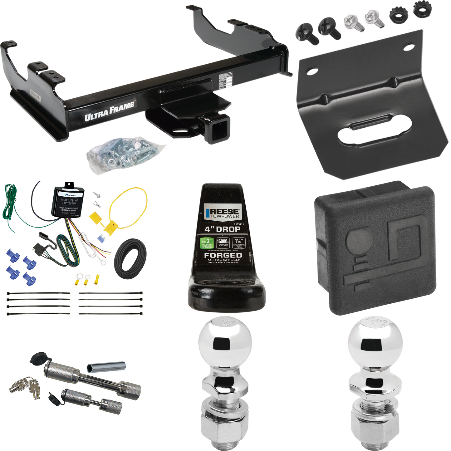 Fits 2007-2023 Chevrolet Silverado 3500 HD Trailer Hitch Tow PKG w/ 4-Flat Wiring Harness + Ball Mount w/ 4" Drop + Dual Hitch & Coupler Locks + 2" Ball + 2-5/16" Ball + Hitch Cover + Wiring Bracket (For Cab & Chassis, w/34" Wide Frames Models) By Dr