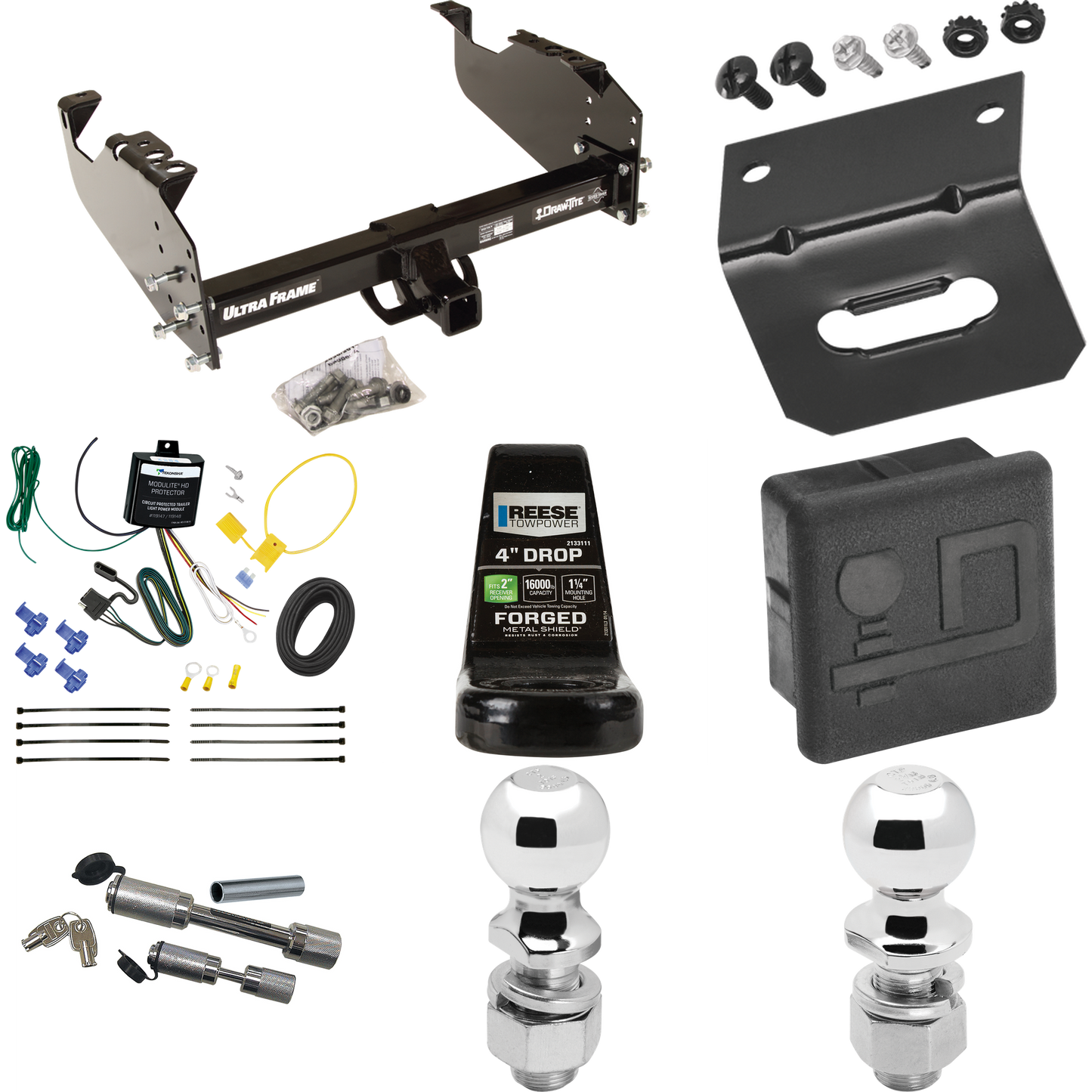 Fits 2007-2024 GMC Sierra 3500 HD Trailer Hitch Tow PKG w/ 4-Flat Wiring Harness + Ball Mount w/ 4" Drop + Dual Hitch & Coupler Locks + 2" Ball + 2-5/16" Ball + Hitch Cover + Wiring Bracket (For Cab & Chassis, w/34" Wide Frames Models) By Draw-Tite