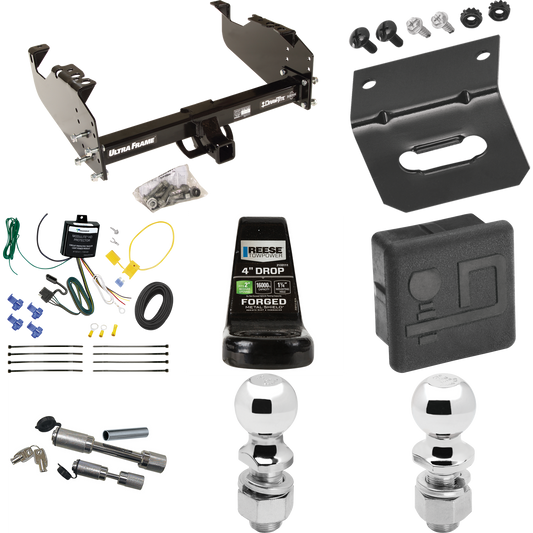 Fits 2007-2024 GMC Sierra 3500 HD Trailer Hitch Tow PKG w/ 4-Flat Wiring Harness + Ball Mount w/ 4" Drop + Dual Hitch & Coupler Locks + 2" Ball + 2-5/16" Ball + Hitch Cover + Wiring Bracket (For Cab & Chassis, w/34" Wide Frames Models) By Draw-Tite