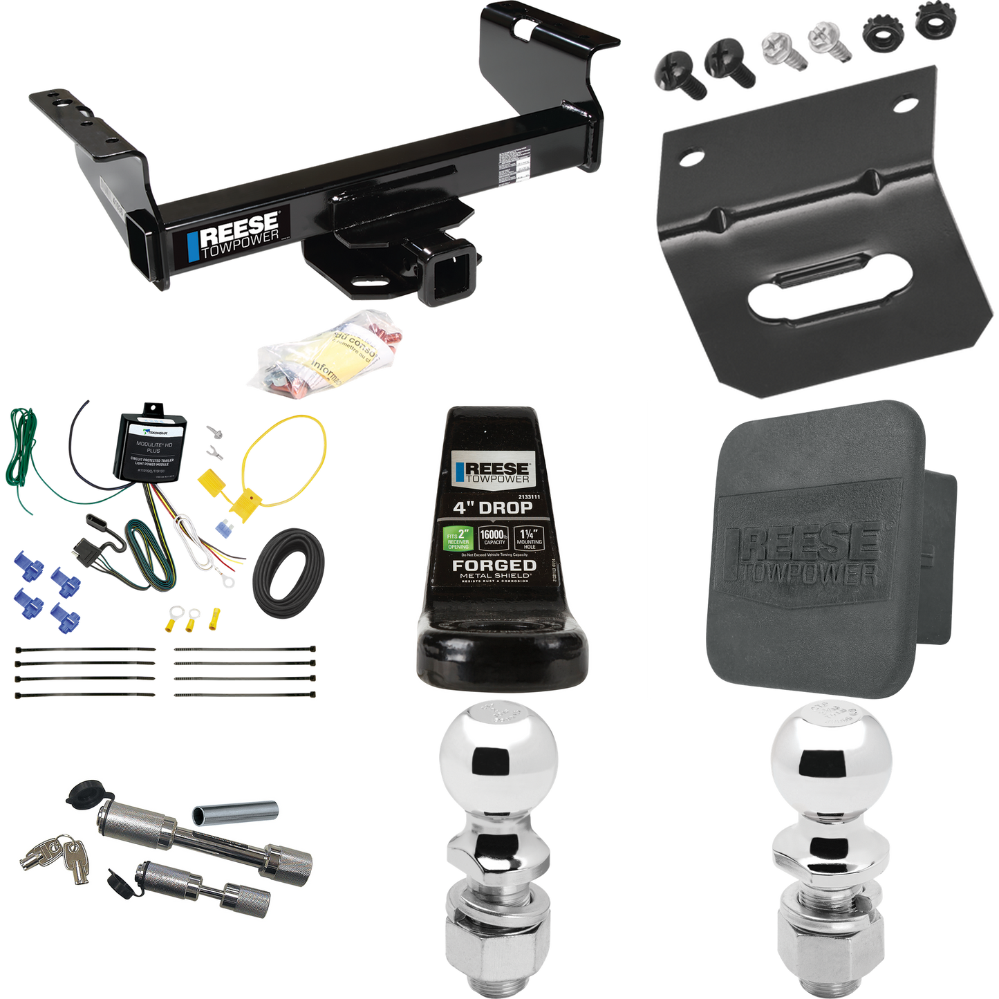 Fits 2007-2023 GMC Sierra 3500 HD Trailer Hitch Tow PKG w/ 4-Flat Wiring Harness + Ball Mount w/ 4" Drop + Dual Hitch & Coupler Locks + 2" Ball + 2-5/16" Ball + Hitch Cover + Wiring Bracket (For Cab & Chassis, w/34" Wide Frames Models) By Reese Towpo