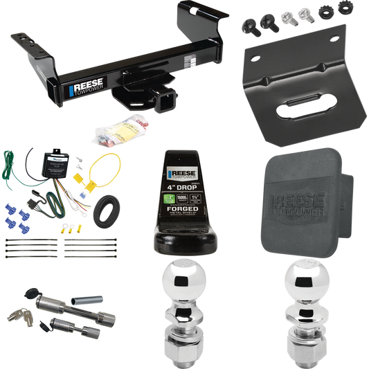 Fits 2007-2023 GMC Sierra 3500 HD Trailer Hitch Tow PKG w/ 4-Flat Wiring Harness + Ball Mount w/ 4" Drop + Dual Hitch & Coupler Locks + 2" Ball + 2-5/16" Ball + Hitch Cover + Wiring Bracket (For Cab & Chassis, w/34" Wide Frames Models) By Reese Towpo