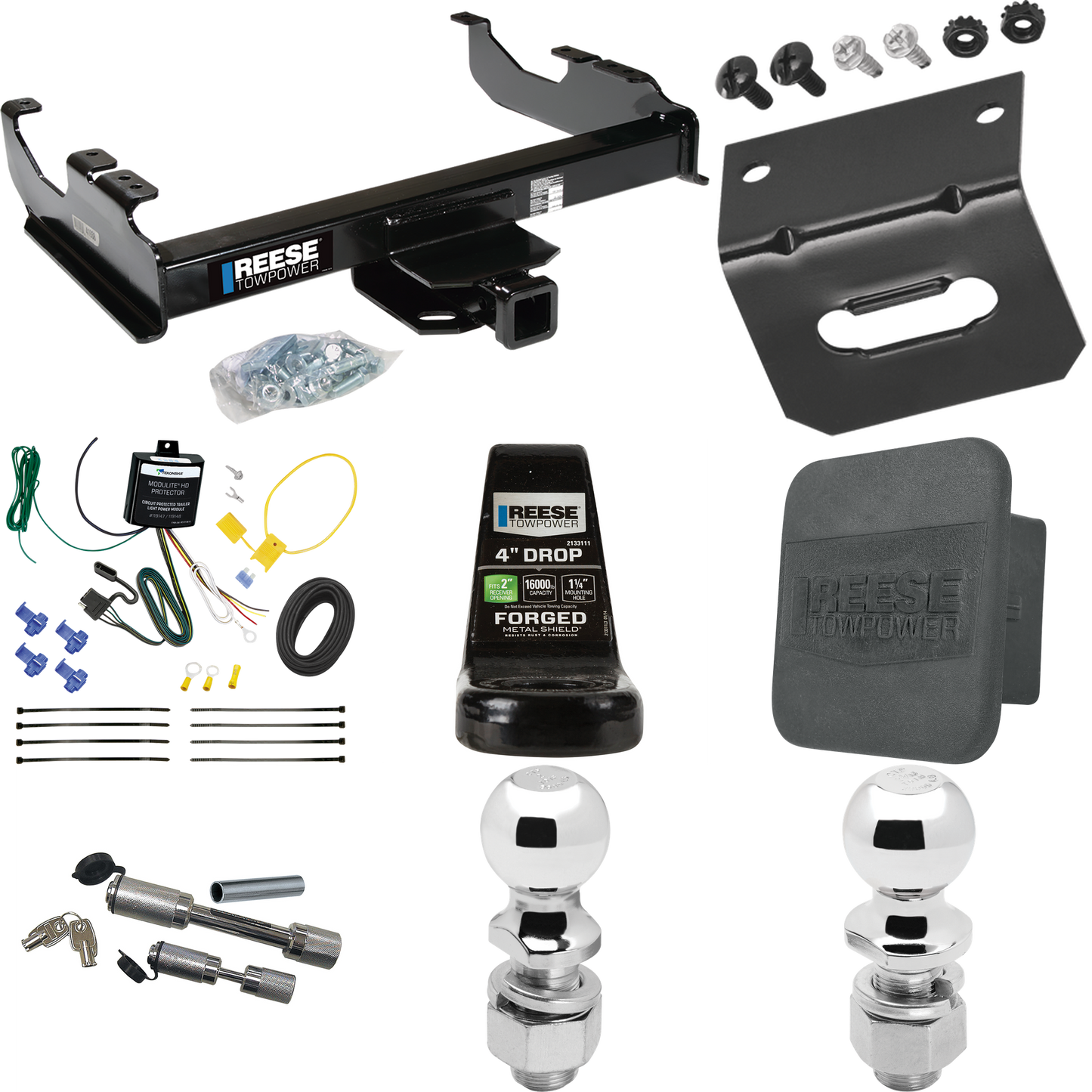 Fits 2007-2023 GMC Sierra 3500 HD Trailer Hitch Tow PKG w/ 4-Flat Wiring Harness + Ball Mount w/ 4" Drop + Dual Hitch & Coupler Locks + 2" Ball + 2-5/16" Ball + Hitch Cover + Wiring Bracket (For Cab & Chassis, w/34" Wide Frames Models) By Reese Towpo