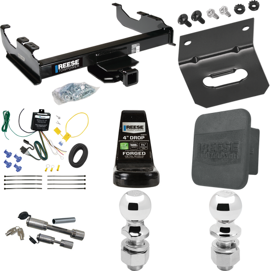 Fits 2007-2023 GMC Sierra 3500 HD Trailer Hitch Tow PKG w/ 4-Flat Wiring Harness + Ball Mount w/ 4" Drop + Dual Hitch & Coupler Locks + 2" Ball + 2-5/16" Ball + Hitch Cover + Wiring Bracket (For Cab & Chassis, w/34" Wide Frames Models) By Reese Towpo