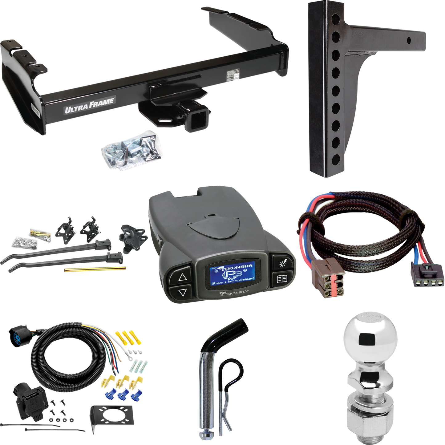 Fits 1994-1996 Ford F-250 Trailer Hitch Tow PKG w/ 12K Trunnion Bar Weight Distribution Hitch + Pin/Clip + 2-5/16" Ball + Tekonsha Prodigy P3 Brake Control + Plug & Play BC Adapter + 7-Way RV Wiring By Draw-Tite